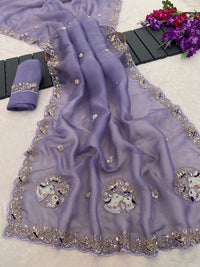 Sequin Embroidered Floral Border Tissue Silk Saree