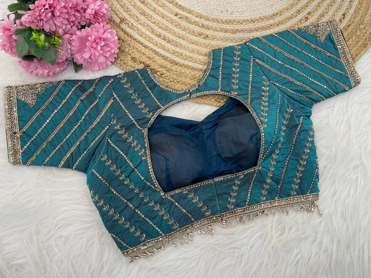 Metallic Firozi Sequin Embroidered Designer Blouse