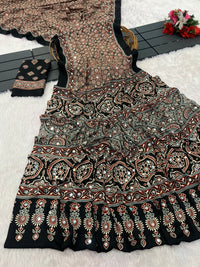 Black Ajrakh Print Mirror Work Floral Border Italian Crepe Saree