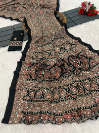 Black Ajrakh Print Mirror Work Geometric Border Italian Crepe Saree