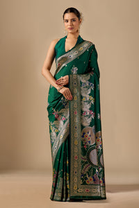 Deep Green Meenakari Deer Motif Zari Pallu Silk Saree