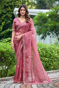Dusty Pink Sequin Floral Embroidered Tissue Silk Saree