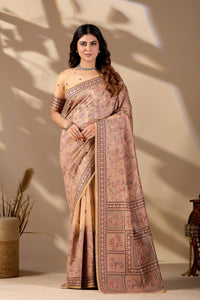 Woman in front pose wearing dusty rose Banarasi cotton jacquard jaal saree — Chandrikas