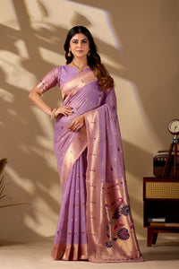 Woman in front pose wearing lavender Banarasi-Paithani zari pallu cotton saree — Chandrikas