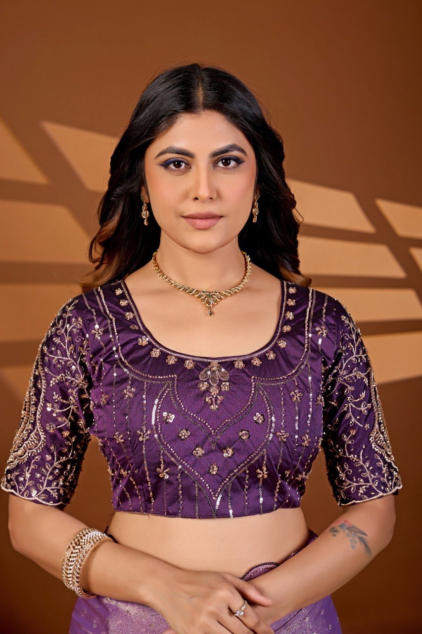 lavender purple sequin work chiffon silk saree with embroidered blouse — Chandrikas