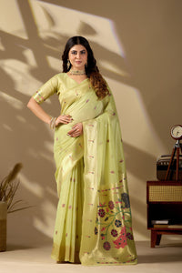 Woman in front pose wearing lemon green Banarasi-Paithani fusion cotton saree — Chandrikas