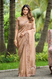 Light Chicku Sequin Floral Embroidered Tissue Silk Saree