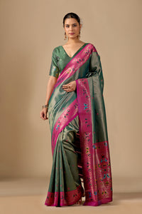 Light Olive Green Paithani Silk Bird Border Pallu Saree