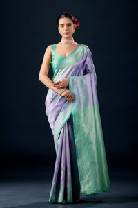 Woman in front pose wearing lilac purple mint green leaf motif zari pallu silk saree — Chandrikas