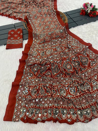 Rust Red Ajrakh Print Mirror Work Italian Crepe Saree
