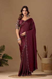 Maroon Wine Floral Embroidered Border Designer Tesla Saree