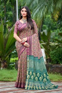 Mauve Purple Leaf Print Cotton Saree