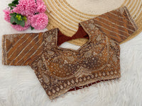 Metallic brown sequin embroidered designer blouse flatlay showing sleeve detailing — Chandrikas