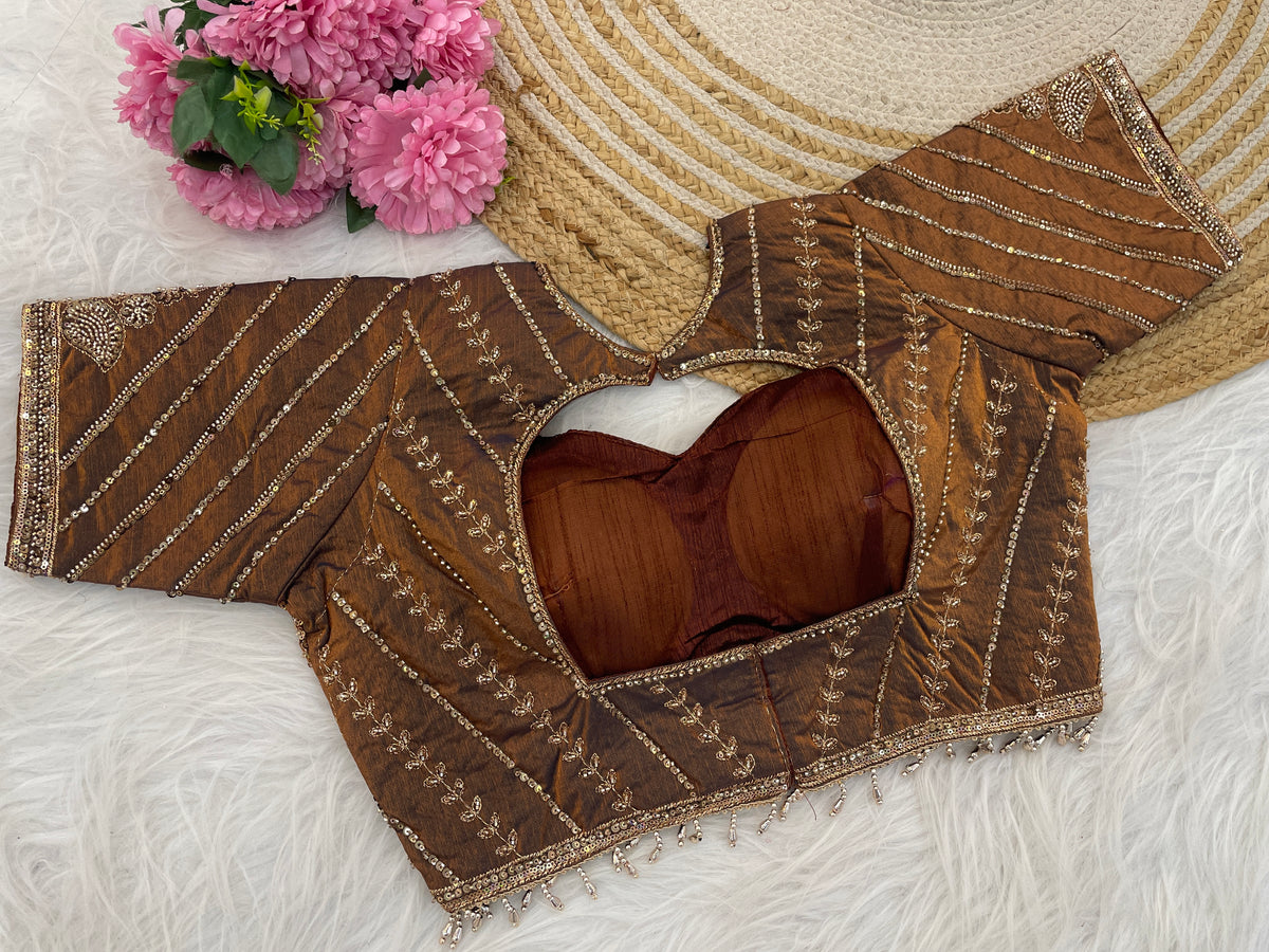 Metallic brown sequin embroidered designer blouse flatlay showing sweetheart neckline — Chandrikas