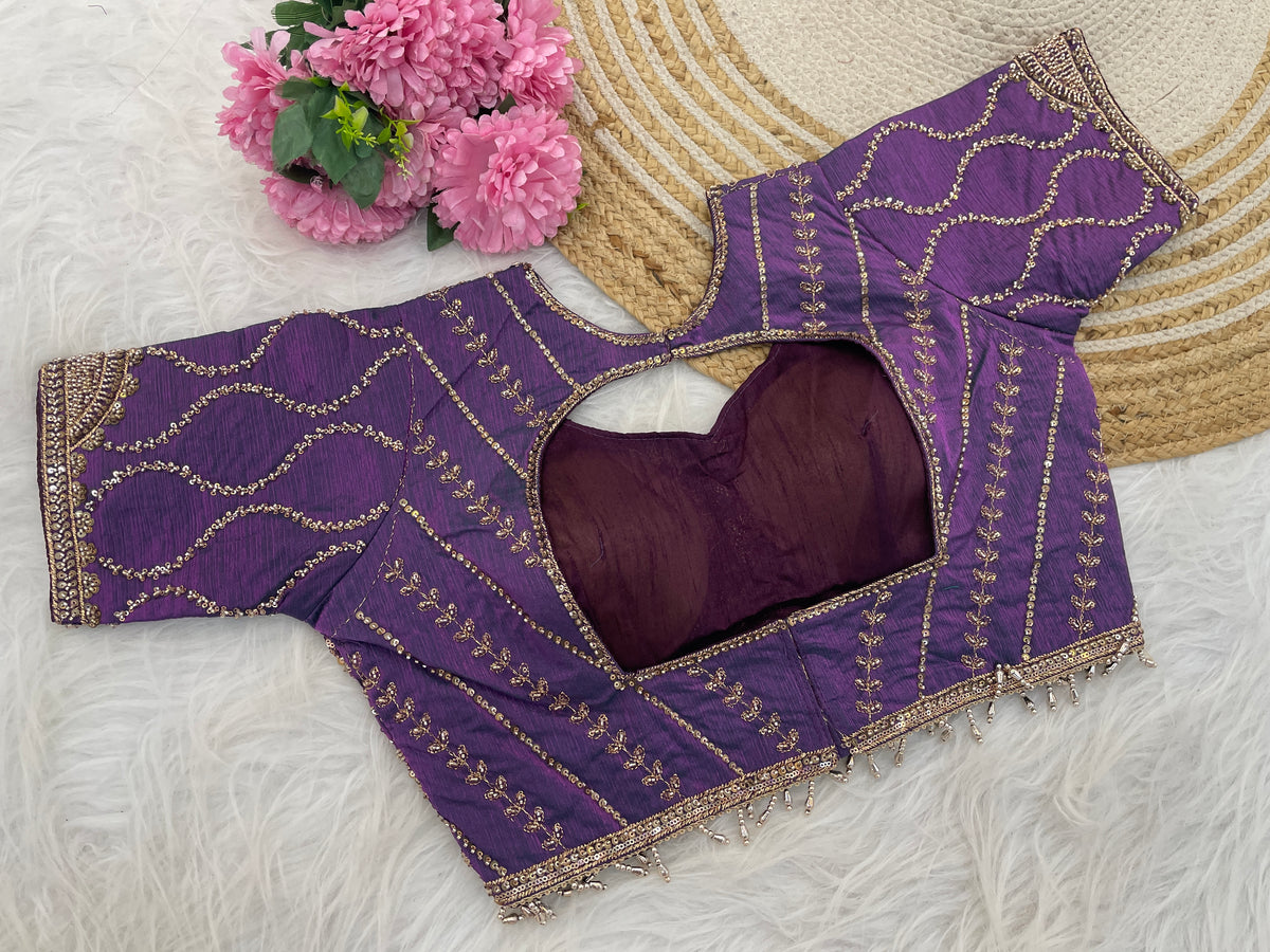 Metallic lavender purple sequin embroidered blouse flatlay showing neckline ā Chandrikas