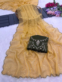 Mustard Yellow Sequin Work Chiffon Silk Saree