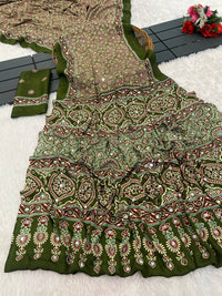 Olive Green Ajrakh Print Mirror Work Italian Crepe Saree