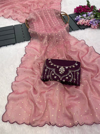 Pink Rose Sequin Work Chiffon Silk Saree