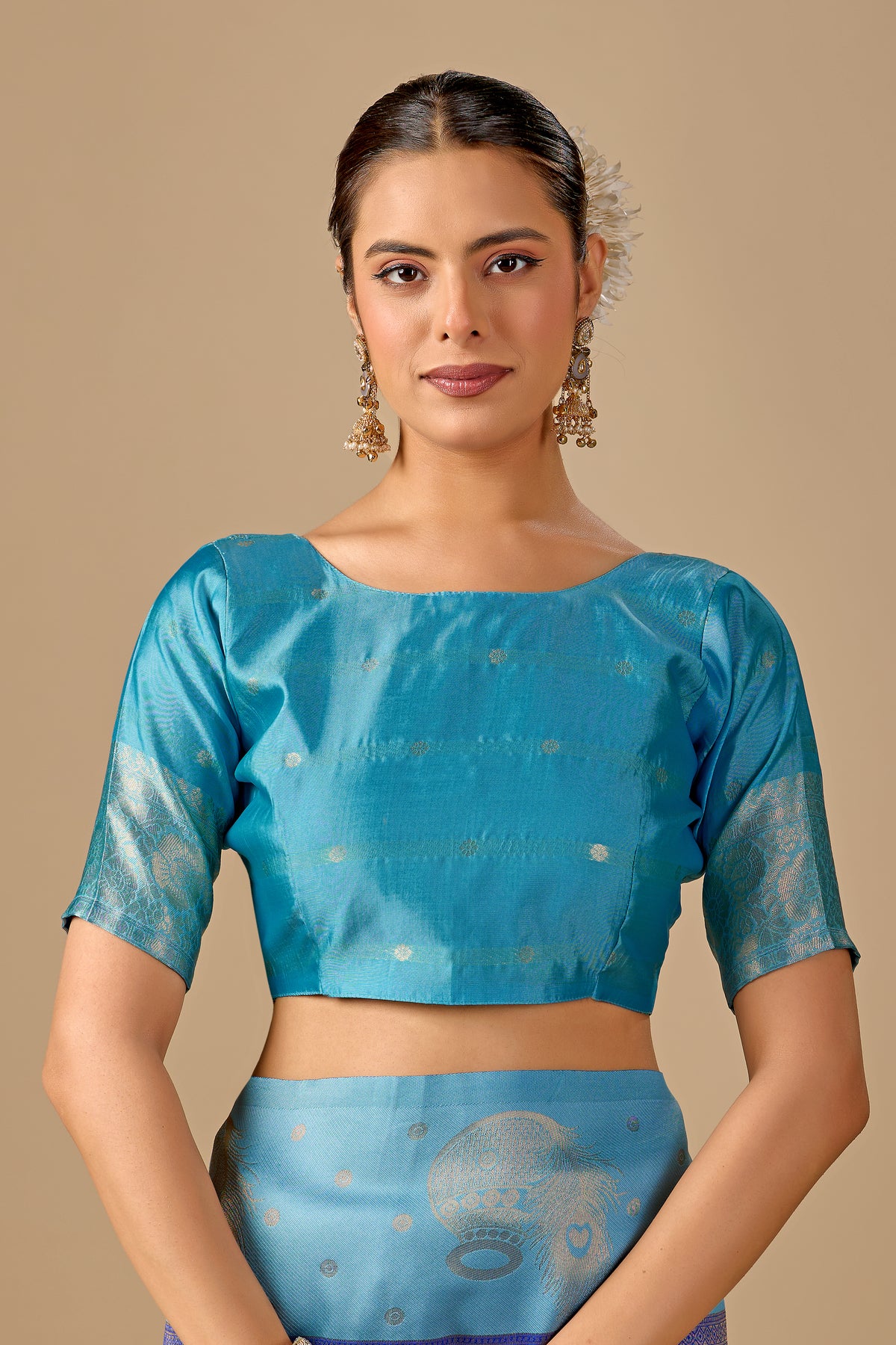 Woman in close pose wearing purple sky blue silk matka motif border saree — Chandrikas