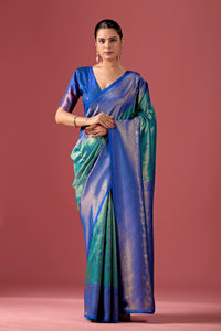 Rama Green with Dark Blue Banarasi Silk Checks Pattern Saree