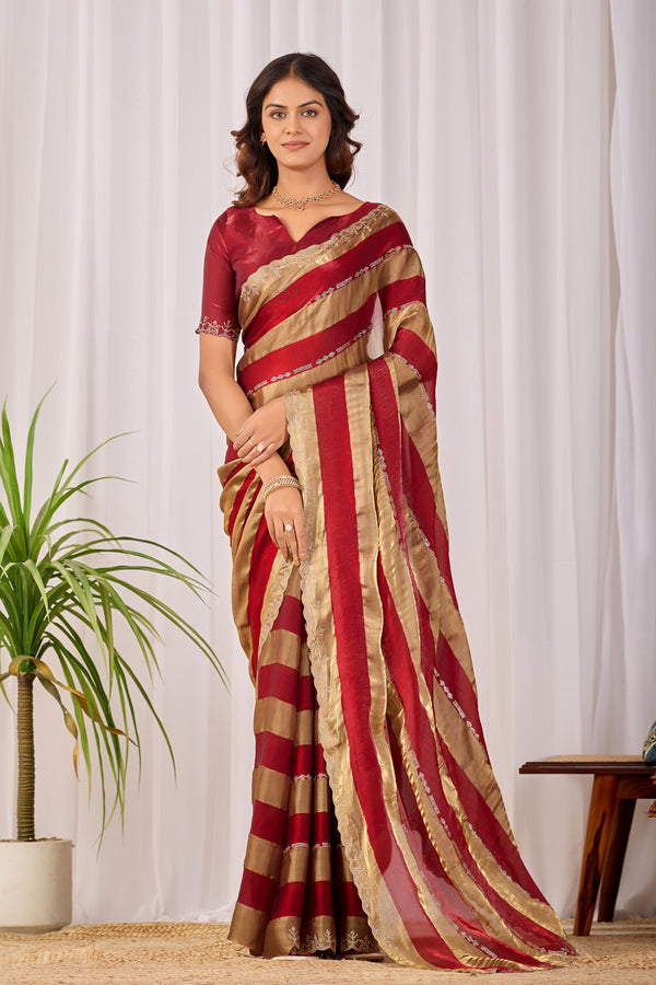 Red Striped Satin Patta Saree
