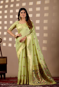 Woman in front pose wearing sea green Banarasi-Paithani Meenakari cotton zari pallu saree — Chandrikas