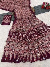 Wine Deep Maroon Ajrakh Print Mirror Work Italian Crepe Saree