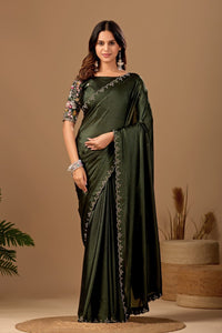 Bottle Green Floral Embroidered Border Designer Tesla Saree