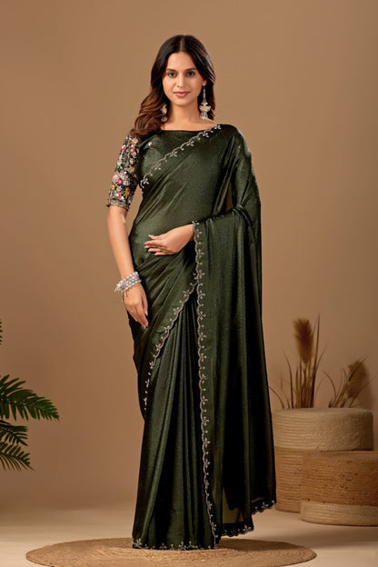 Bottle Green Floral Embroidered Border Designer Tesla Saree