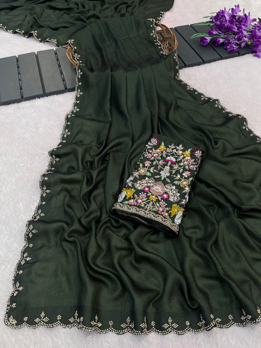 Bottle Green Floral Embroidered Border Designer Tesla Saree