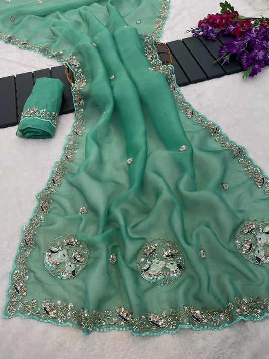 Sequin Embroidered Floral Border Tissue Silk Saree