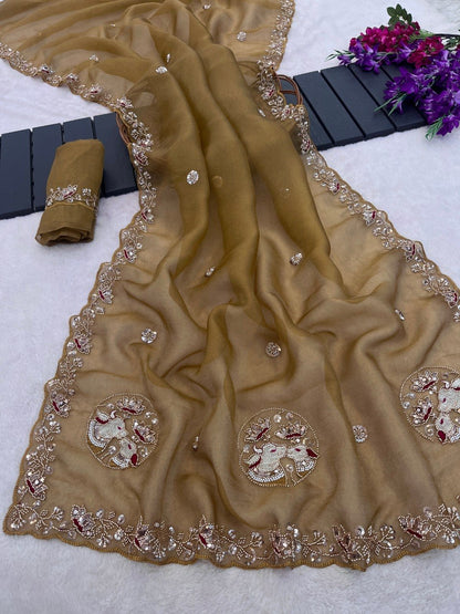 Sequin Embroidered Floral Border Tissue Silk Saree