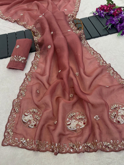 Sequin Embroidered Floral Border Tissue Silk Saree