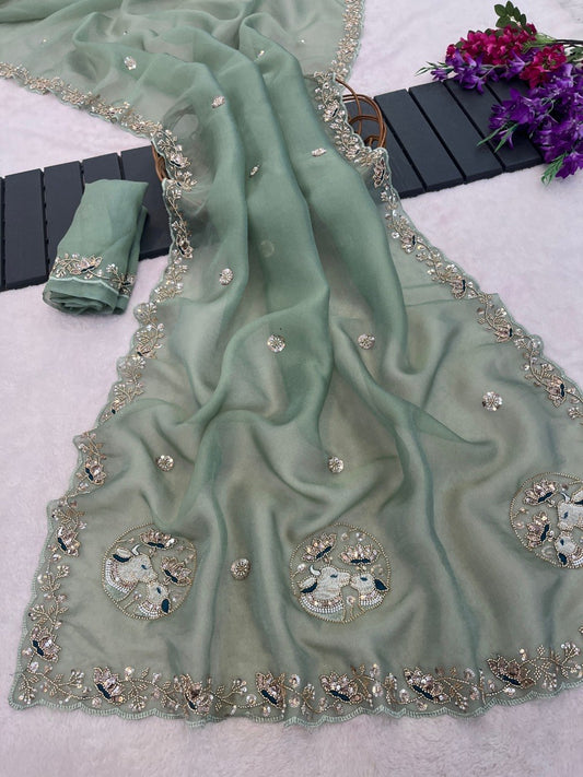 Sequin Embroidered Floral Border Tissue Silk Saree