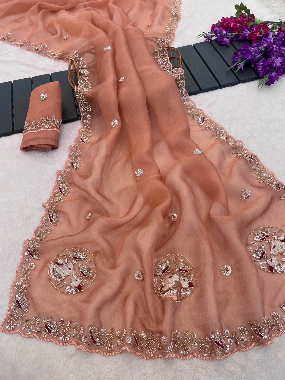 Sequin Embroidered Floral Border Tissue Silk Saree
