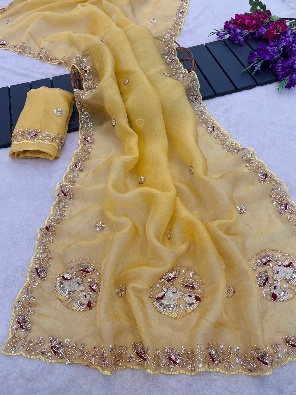 Sequin Embroidered Floral Border Tissue Silk Saree