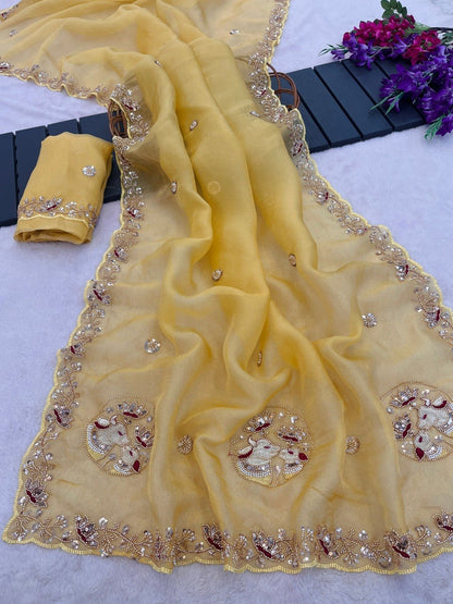 Sequin Embroidered Floral Border Tissue Silk Saree