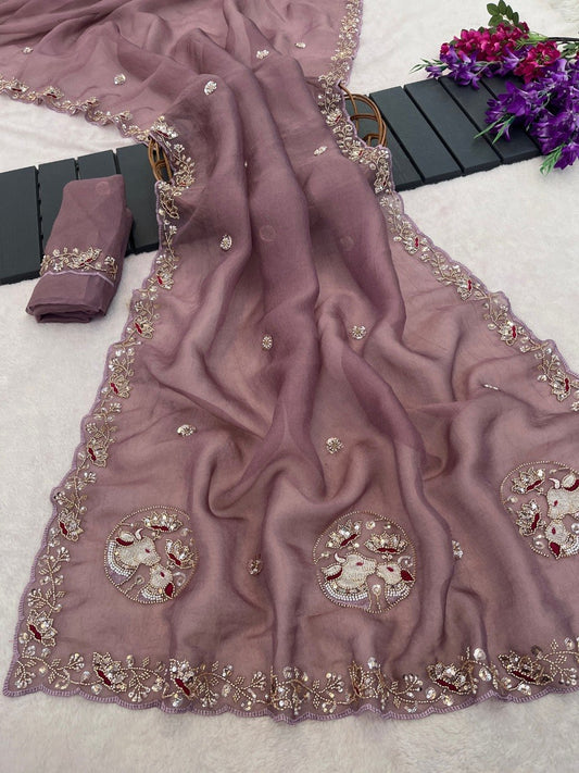 Sequin Embroidered Floral Border Tissue Silk Saree