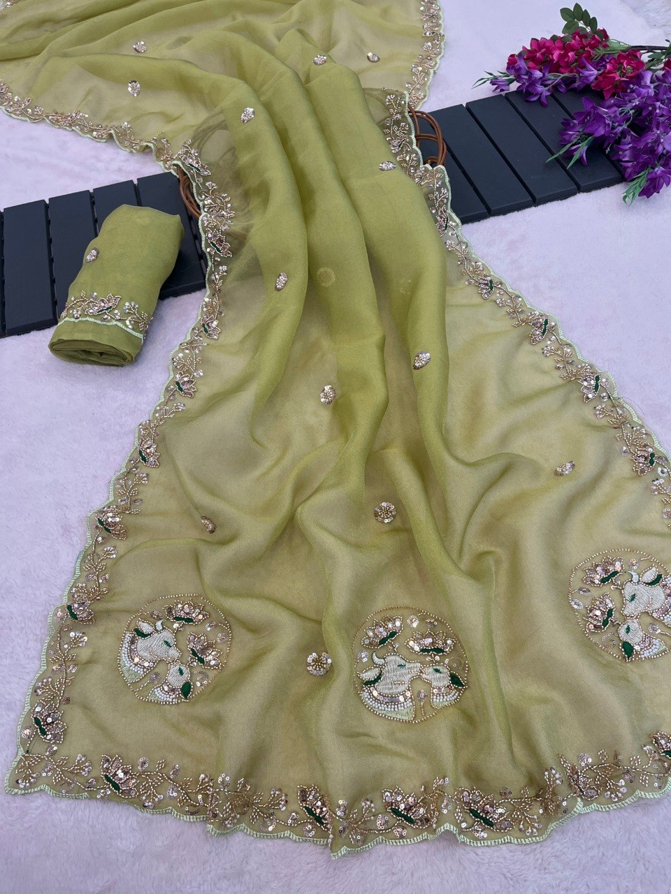 Sequin Embroidered Floral Border Tissue Silk Saree