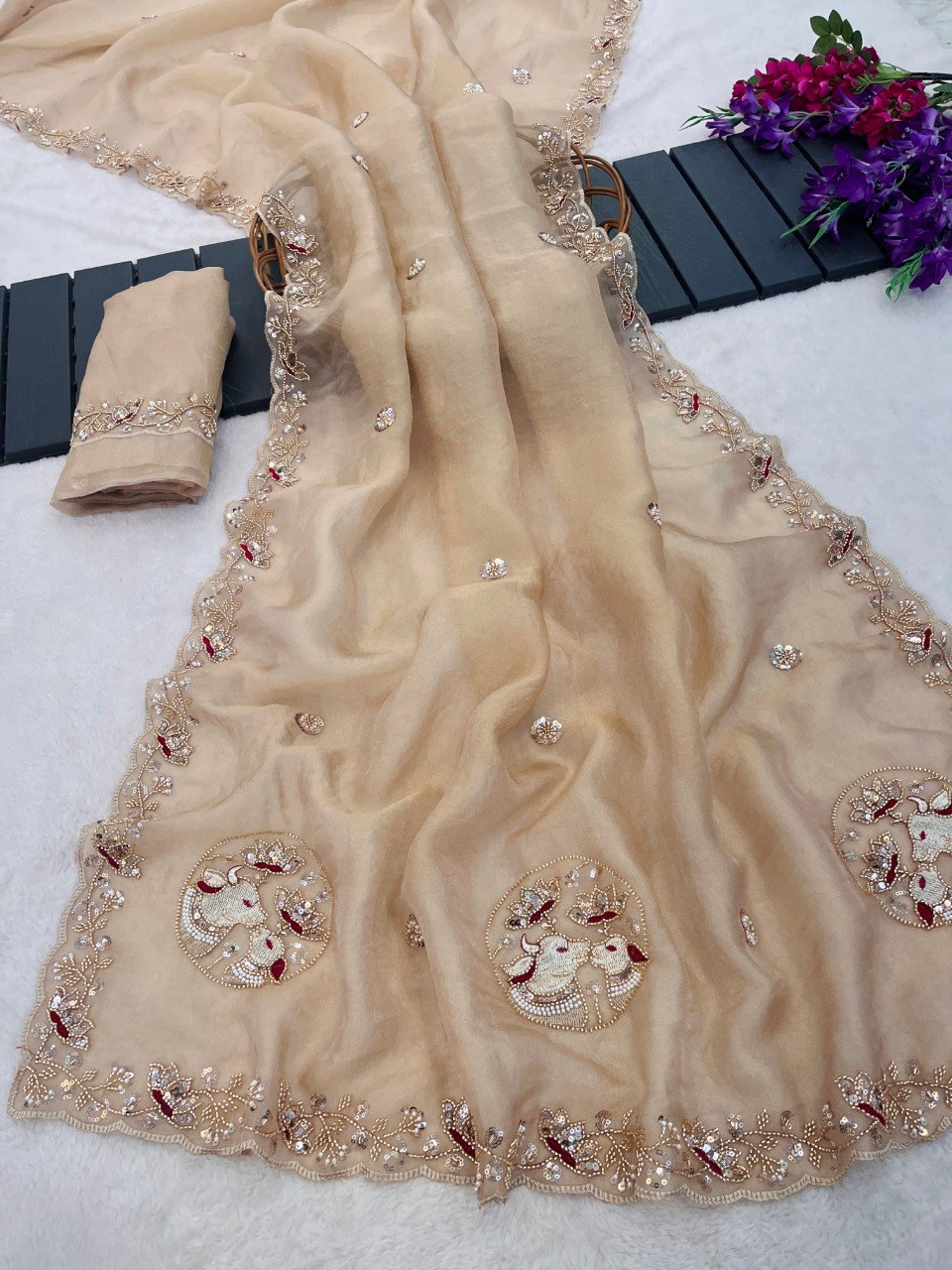 Sequin Embroidered Floral Border Tissue Silk Saree