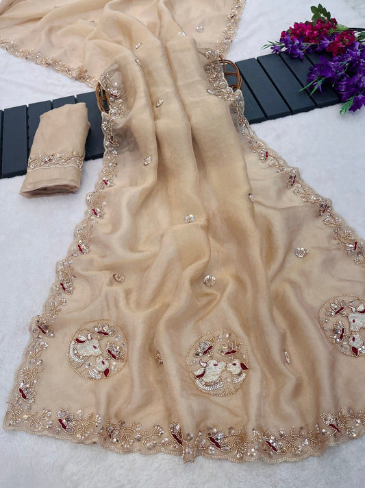 Sequin Embroidered Floral Border Tissue Silk Saree