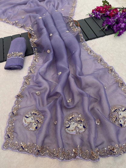 Sequin Embroidered Floral Border Tissue Silk Saree