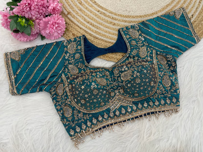 Metallic Firozi Sequin Embroidered Designer Blouse