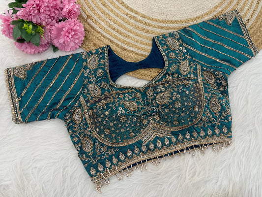 Metallic Firozi Sequin Embroidered Designer Blouse