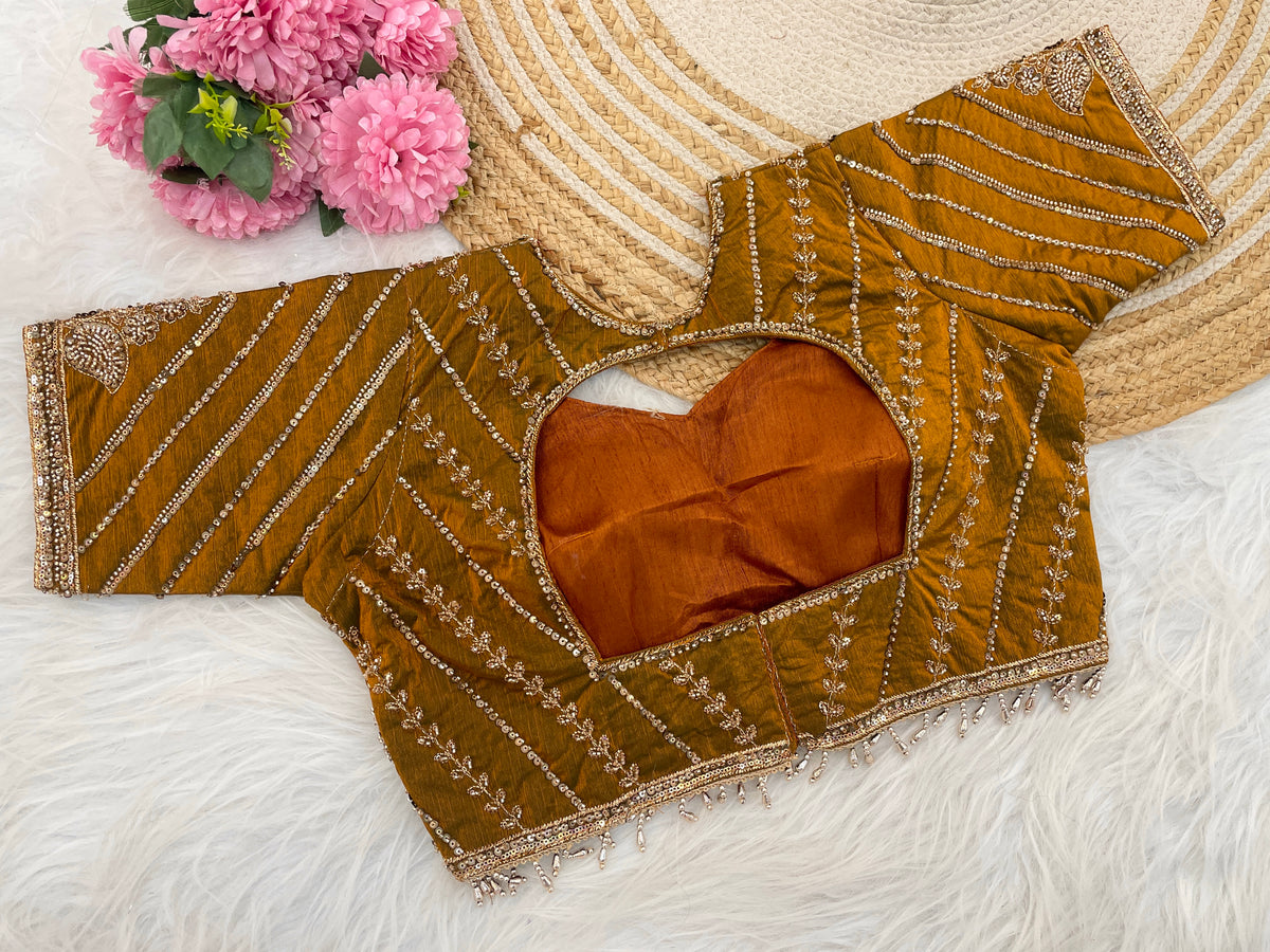Metallic Mustard Sequin Embroidered Designer Blouse