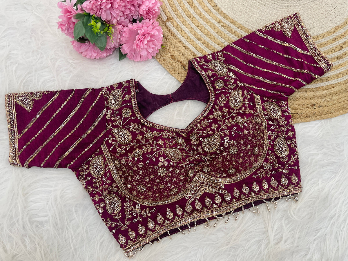 Metallic Wine (Maroon) Sequin Embroidered Designer Blouse