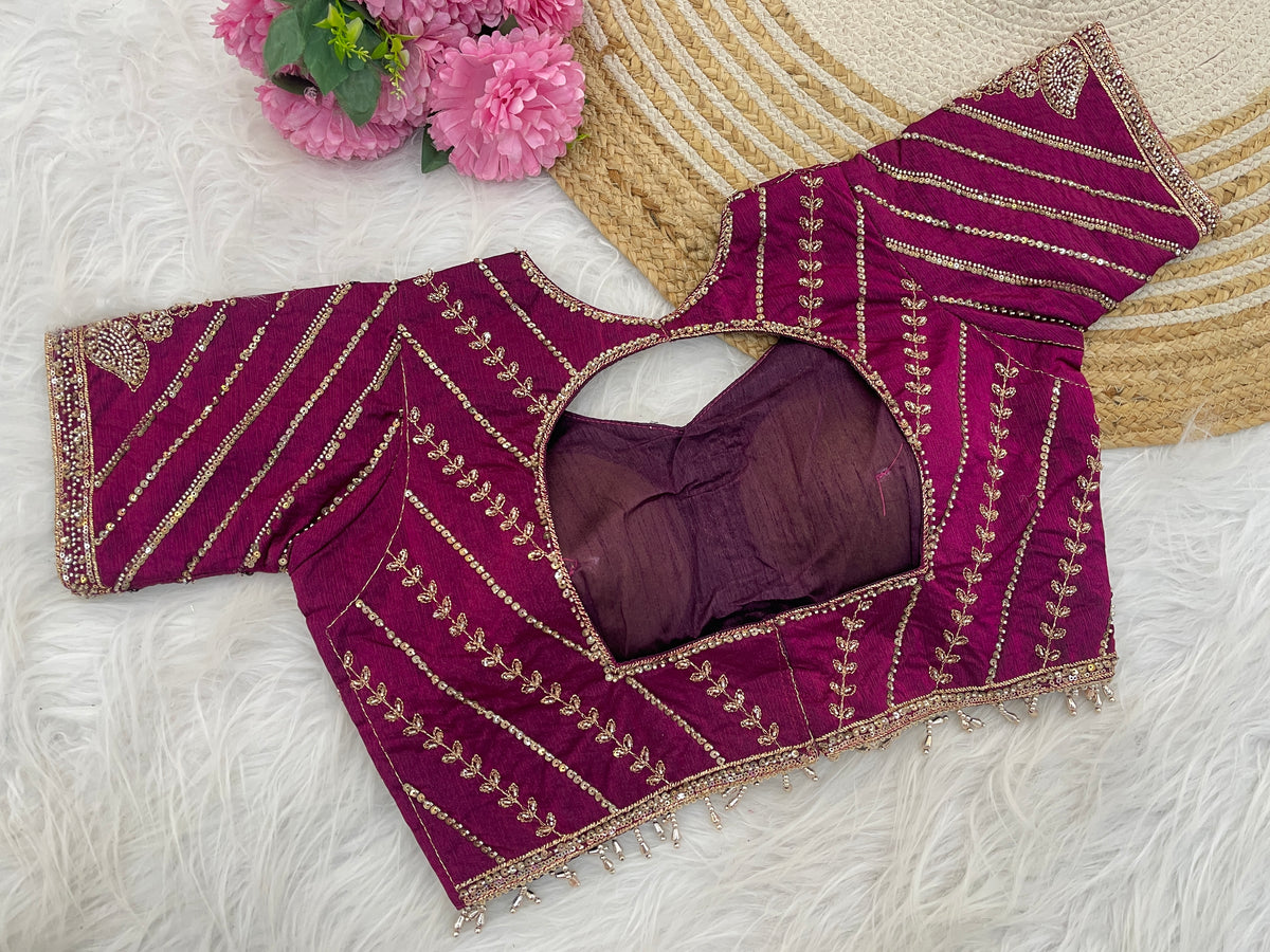 Metallic Wine (Maroon) Sequin Embroidered Designer Blouse