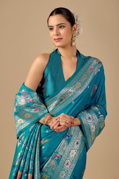 Close pose of aqua blue Meenakari deer motif zari pallu silk saree blouse — Chandrikas