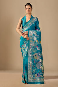 Aqua Blue Meenakari Deer Motif Zari Pallu Silk Saree