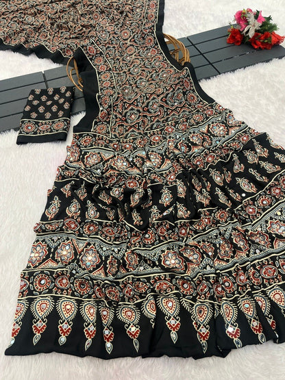 Black Ajrakh print Italian crepe saree with mirror work and paisley border, matching blouse piece — Chandrikas